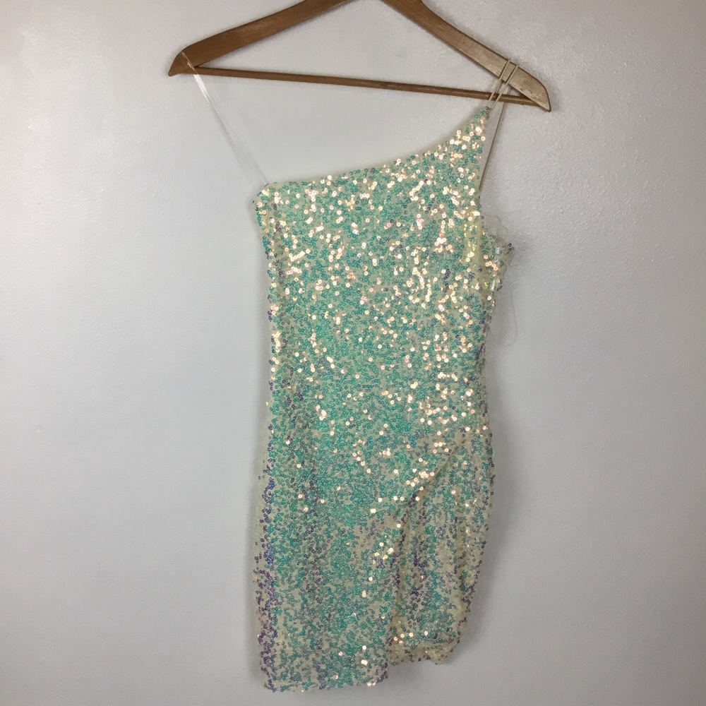 Crystal Doll One Shoulder Sequin Mini Dress Size S